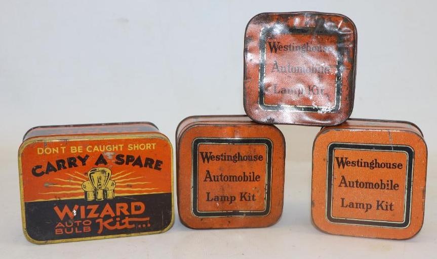 Group of 4 Westinghouse and Wizard Automobile Headlight Bulb Advertising Tins: 3.5" x 2.5" x1.5"