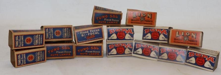Group of 15 Lion, Dura and Tung-sol Automobile Headlight Bulbs In Boxes: 2.25" x1.25" x1.25" one box is empty