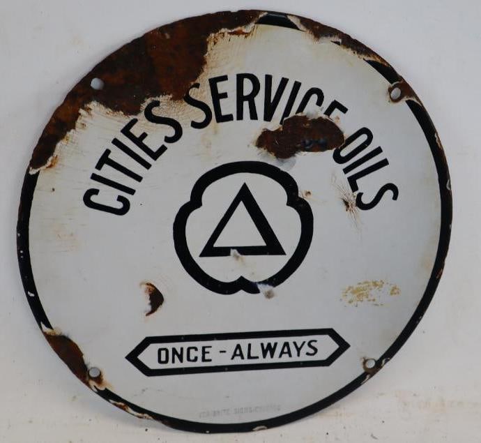Cities Service Oils Once-Always Porcelain Advertising Gas Pump Plate (1 of 2)