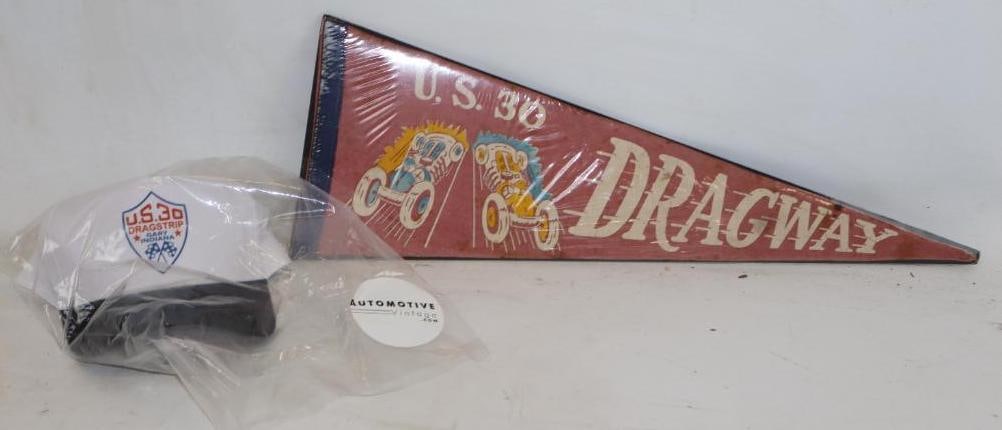 Group of 2 US 30 Dragway / Dragstrip Advertising Pennant and Hat (1 of 4)