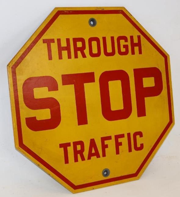 Through Traffic Yellow Masonite Stop Sign: 18" x 18"