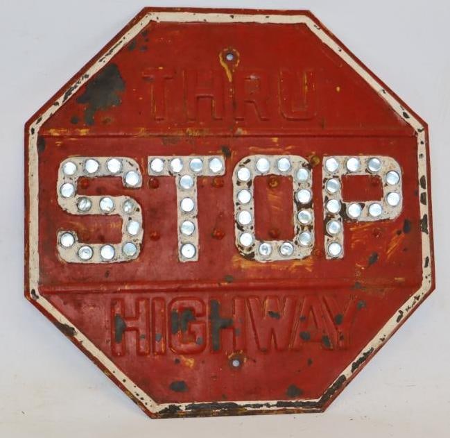 Thru Highway Embossed Stamped Steel Stop Sign w/ Glass Cat Eyes (1 of 4)