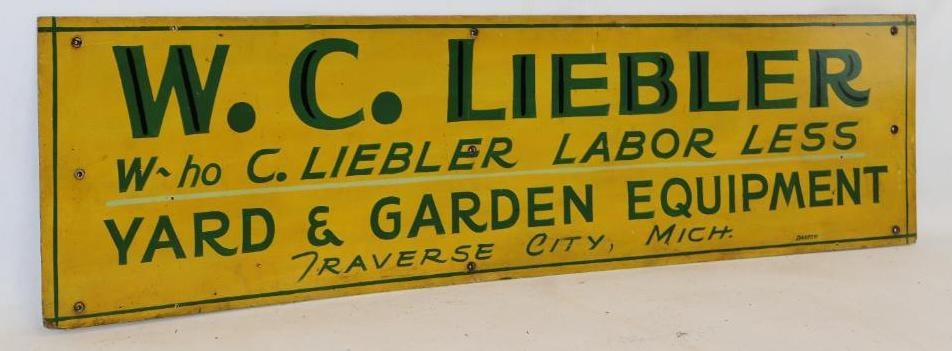 W. C. Liebler Yard & Garden Equipment Traverse City Michigan Masonite Advertising Sign: 60"x 16" marked Darrow
