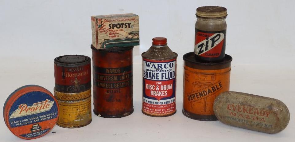 Group of 9 Automotive Related Advertising Containers: 1lb Largest