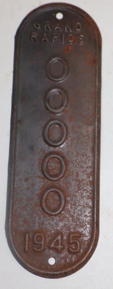 1945 Grand Rapids Vertical Sample Michigan Bicycle License Plate (1 of 2)