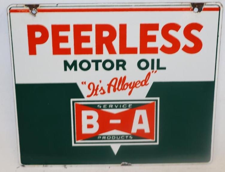B-A British American Peerless Motor Oil Double Sided Porcelain Hanging Sign (1 of 2)