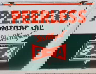 B-A British American Peerless Motor Oil Double Sided Porcelain Hanging Sign