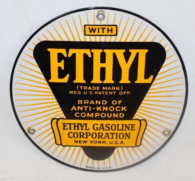 Ethyl Gasoline Corporation Porcelain Pump Plate: 8" diameter