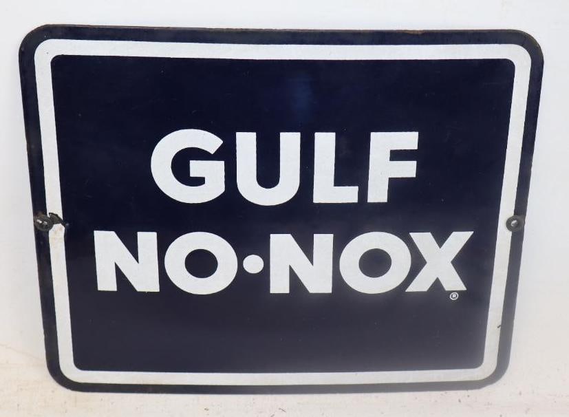 Gulf No-Nox Porcelain Gas Pump Plate: 10.5" x 8.5"