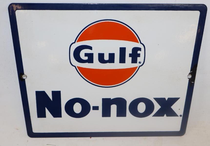Gulf No-Nox Porcelain Gas Pump Plate: 11.25" x 8.5"