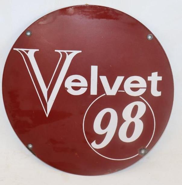 Velvet 98 Porcelain Advertising Gas Pump Plate: 9.25" diameter