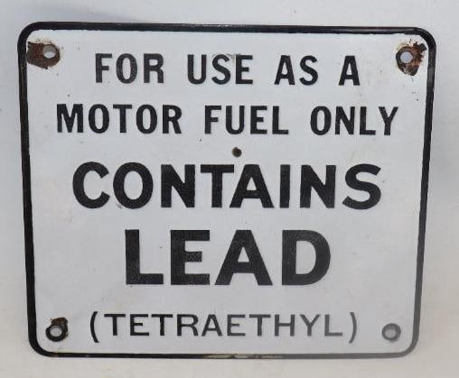 Contains Lead Porcelain Advertising Gas Pump Sign: 7" x6" has extra hole