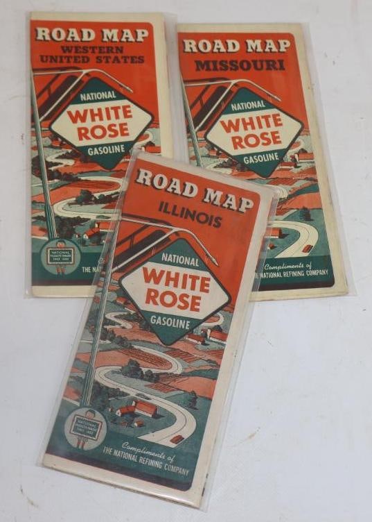 Group of 3 National White Rose Gasoline Advertising Road Maps (1 of 2)