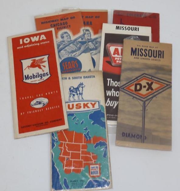 Group of 7 Sears Allstate, Mobil, Husky, DX Diamond, Skelly and Apco Advertising Road Maps: 4" x 9" Largest