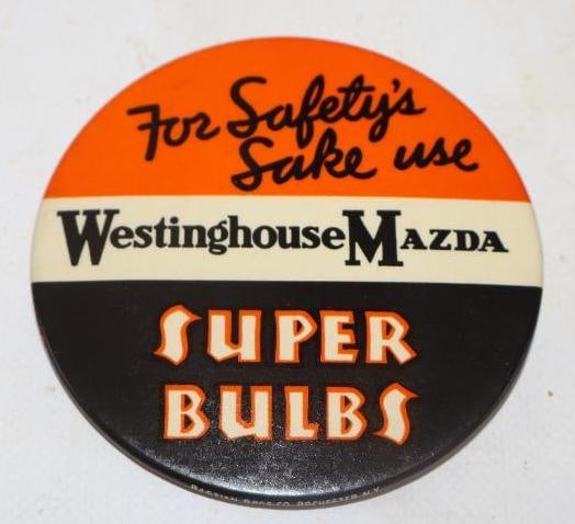 Westinghouse Mazda Automobile Super Bulbs Advertising Pin Back Badge: 3.5" Diameter marked Bastian Bros Co