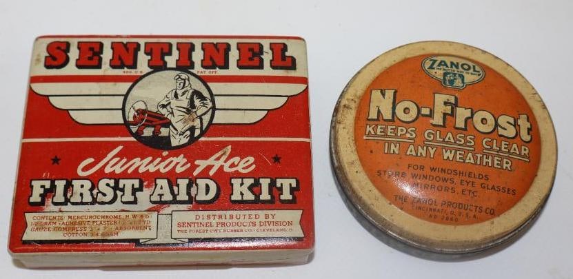 Group of 2 Zanol and Sentinel Graphic Automobile Related Advertising Tins: 3" x 2.25" x.5"
