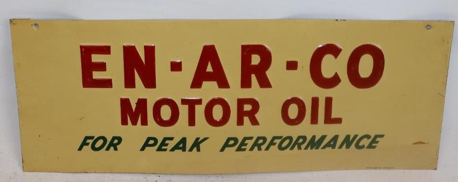 Embossed En-Ar-Co Motor Oil for Peak Performance Single Sided Tin Advertising Sign: 17.5" x 6.5" marked Scioto sign Co