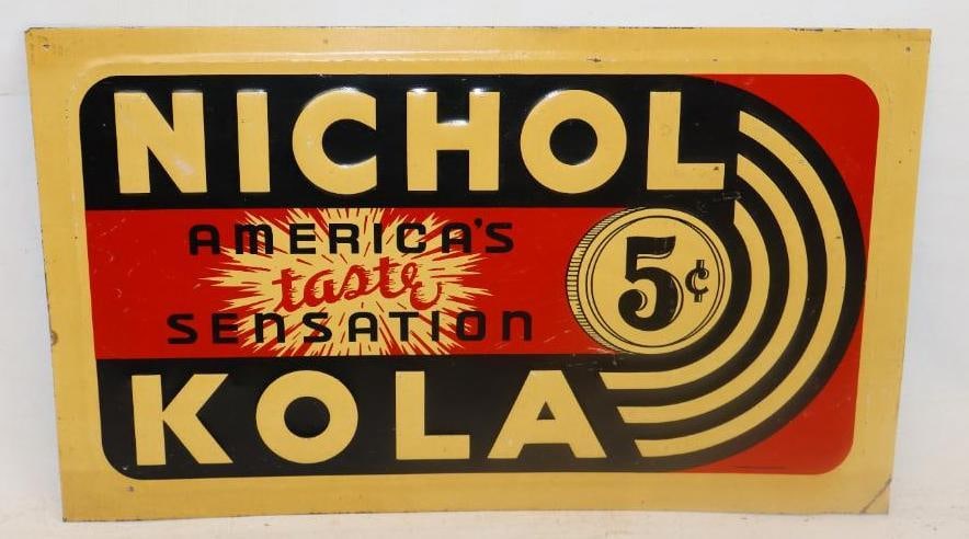 Embossed Nichol Kola Americans Taste Sensation Single Sided Advertising Metal Sign: 18.5" x 11" Marked The Parker Metal Deco