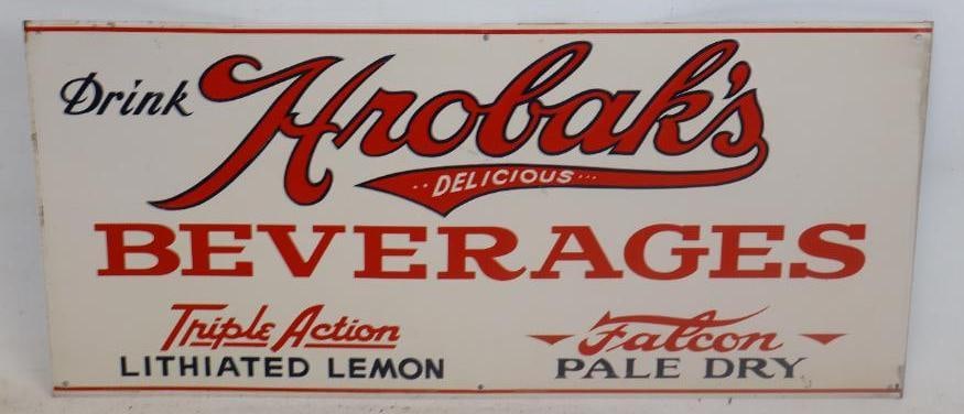 Embossed Drink Hrobak's Beverages Single Sided Tin Advertising Sing: 20" x 9"