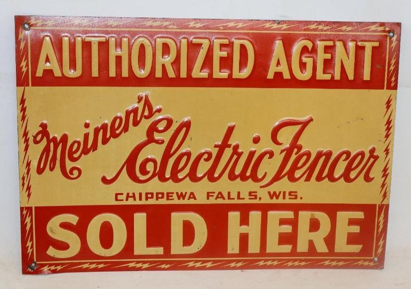 Embossed Meiner's Electric Fencer Chippewa Falls, Wis. Advertising Tin Sign: 20" x 13.75"