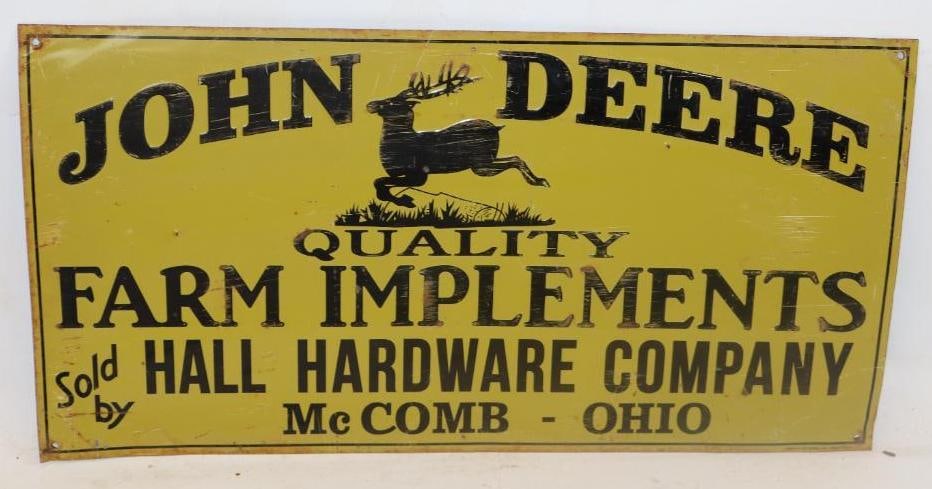 Embossed John Deere Quality Farm Implements Single Sided Tin Farm Advertising Sign (1 of 4)