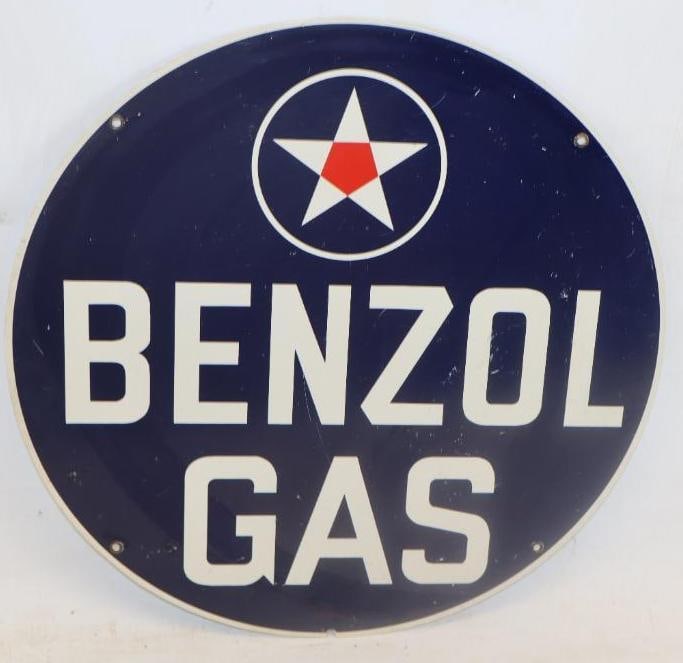 Benzol Gas Single Sided Metal Advertising Pump Plate: 13.75" diameter marked A-M 10/50