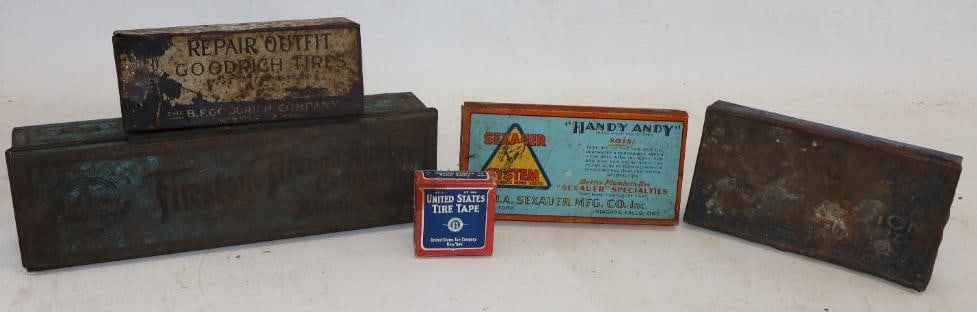 Group of 5 Firestone, Goodrich, Champion, US Tires, Sexauer Automotive Advertising Tins and: largest 12" x 3.5" x 2.5"