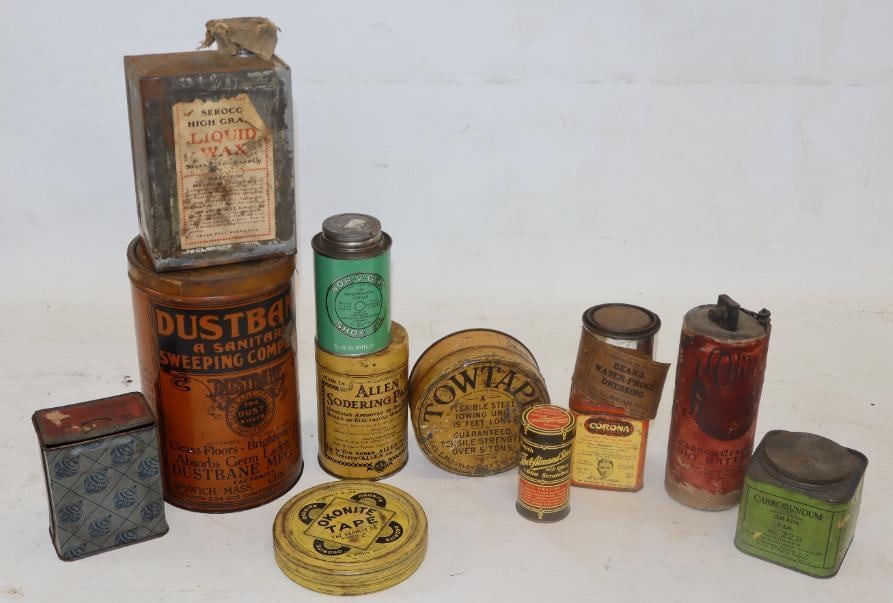 Group of 11 Household Advertising Tins: largest 2.34 quarts