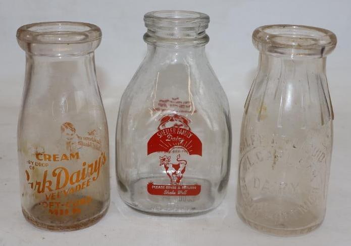 Group of 3 Park, Carl, Shetler Dairy Advertising Milk Bottles: largest 1 pint