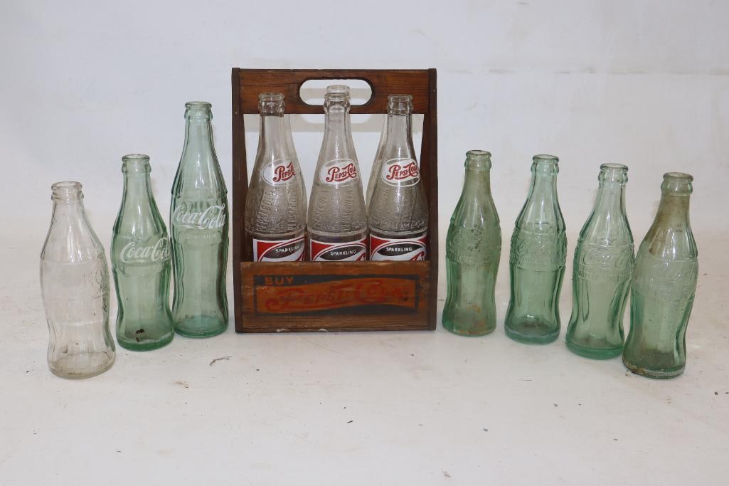 Group of 13 Pepsi and Coke Glass Bottles w/ Wooden Carrying Case (1 of 2)
