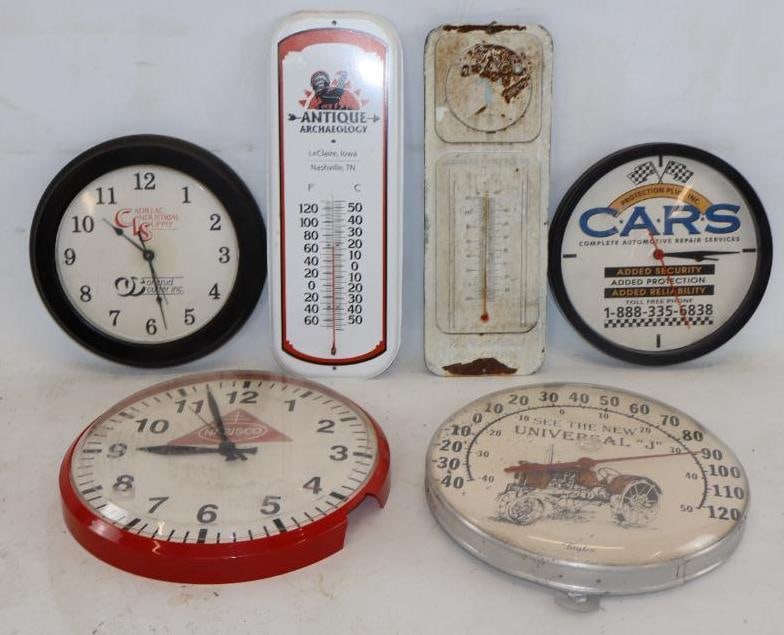 Group of 6 Advertising Clocks and Thermometers: largest 16" x 6" x 1"