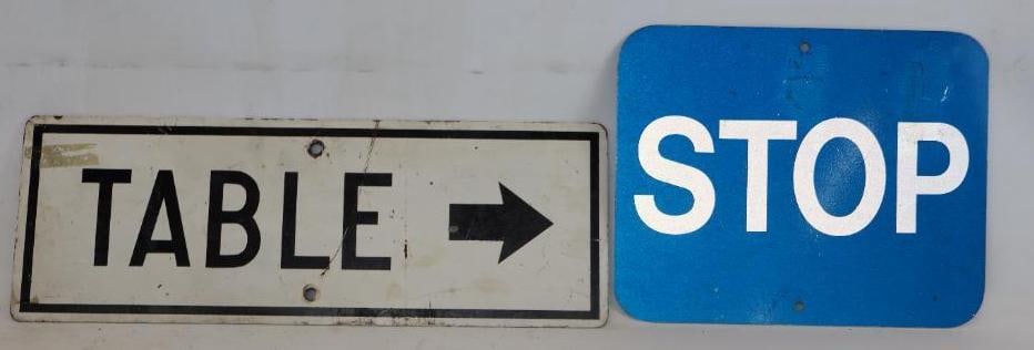 Group of 2 Stop and Park Picnic Table Street Signs: largest 24" x 8.5", table is steel, stop is aluminum