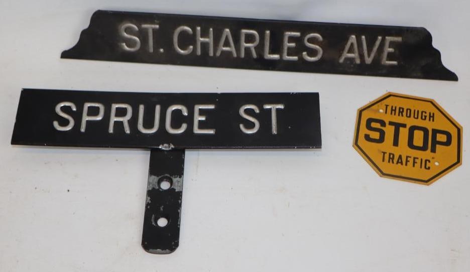 Group of 3 Saint Charles Ave., Spruce Street And Yellow Stop Street Signs (1 of 2)