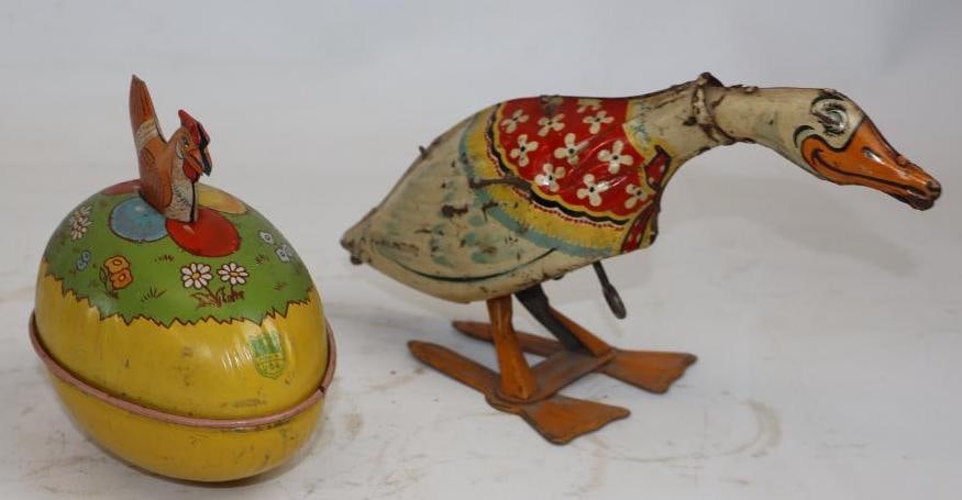 Group of 2 Tin Litho Rooster And Wind Up Goose: 9" x 4.50" x 3" Goose marked Unique Rooster marked Schein