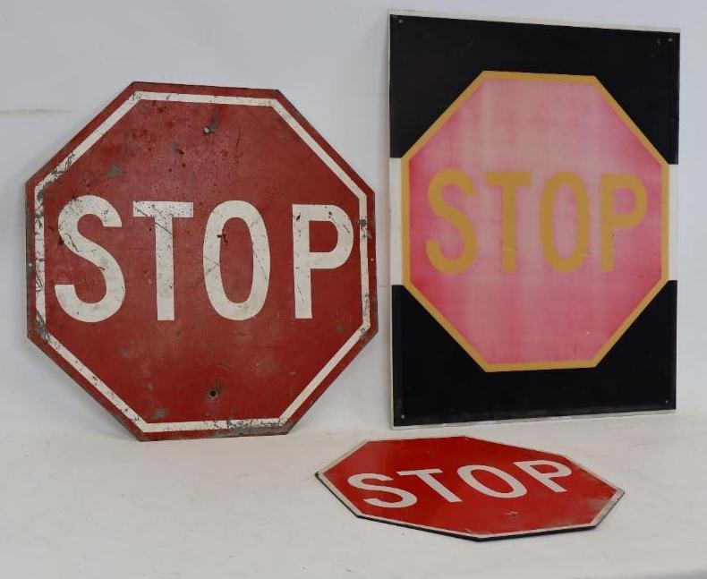 Group of 3 Metal and Plastic Stop Signs: 29.5" x 23.5" largest