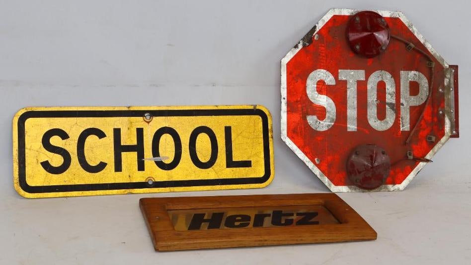 Group of 3 School Bus Stop Sign and Hertz Advertising Signs (1 of 5)