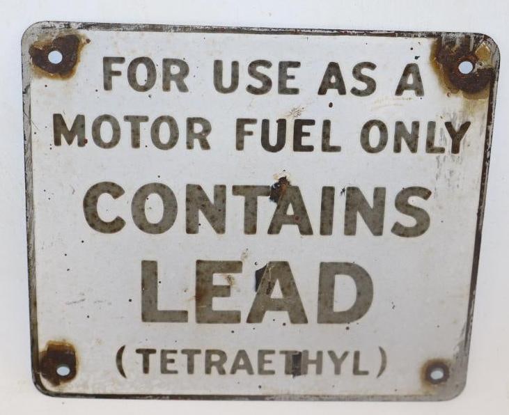 Contains Lead Porcelain Advertising Gas Pump Sign: 7" x 6"