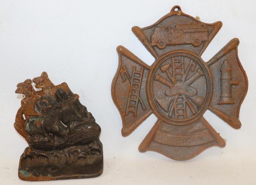 Group of 2 Firemen and Tall Ship Cast Iron Advertising Items (1 of 2)