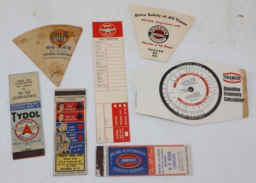 Group of 7 Gas Station Advertising Items: 6" x 3.5" largest Flying A, Hudson, Gulf, United Service & Texaco