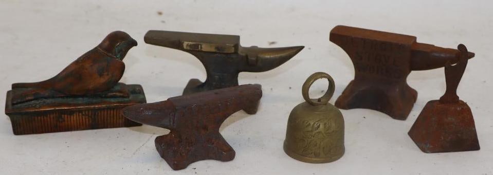 Group of 6 Anvil Paperweights And Bells: 5" x 2" x 1" largest