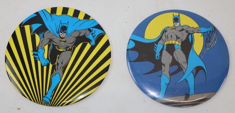 Group of 2 1982 Bat Man Advertising Pin Back Badges: 6" Diameter each