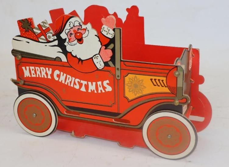 1960's Cardboard Fold Out Santa Christmas Truck Decoration: 10.50" x 7" x 3"