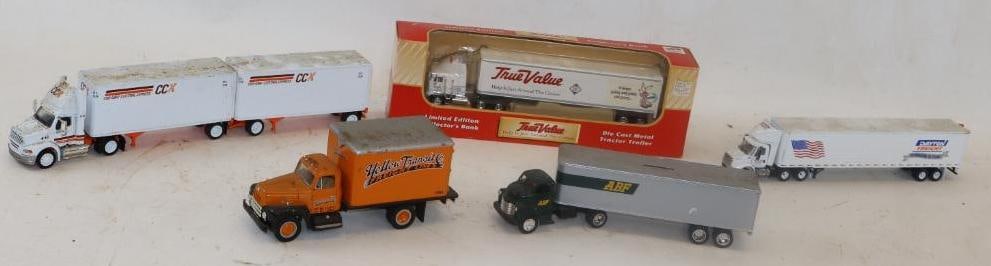 Group of 5 Toy Semi Trucks: 17" x 2" x 3" largest