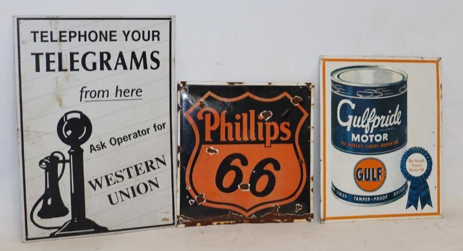 Group of 3 Phillip 66 Gulf Pride and Western Union Reproduction Signs (1 of 5)