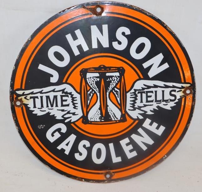 Reproduction Porcelain Johnson Gasoline Pump Plate Sign (1 of 2)
