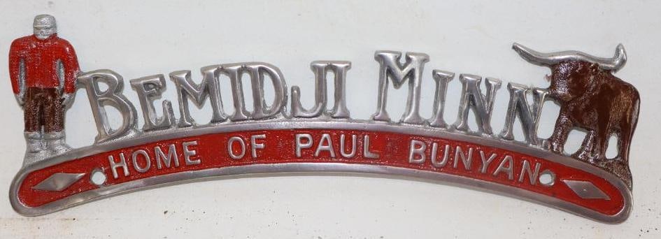 Bemidji Minnesota Home of Paul Bunyan Aluminum Recast Advertising License Plate Topper (1 of 2)