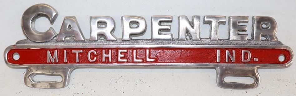 Carpenter Mitchell IN Aluminum Recast Advertising License Plate Topper: 10.5" x 3"