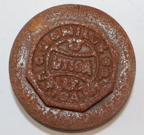 Embossed O.J. Childs Co. Utica NY Cast Iron Automobile Hubcap (1 of 2)