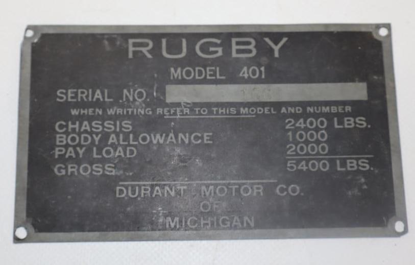1920's Rugby Durant Serial Data Tag Emblem (1 of 2)