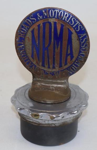 National Roads and Motorists Association Cloisonne Radiator Mascot Hood Ornament: 3" diameter x 5" mounted to metal base